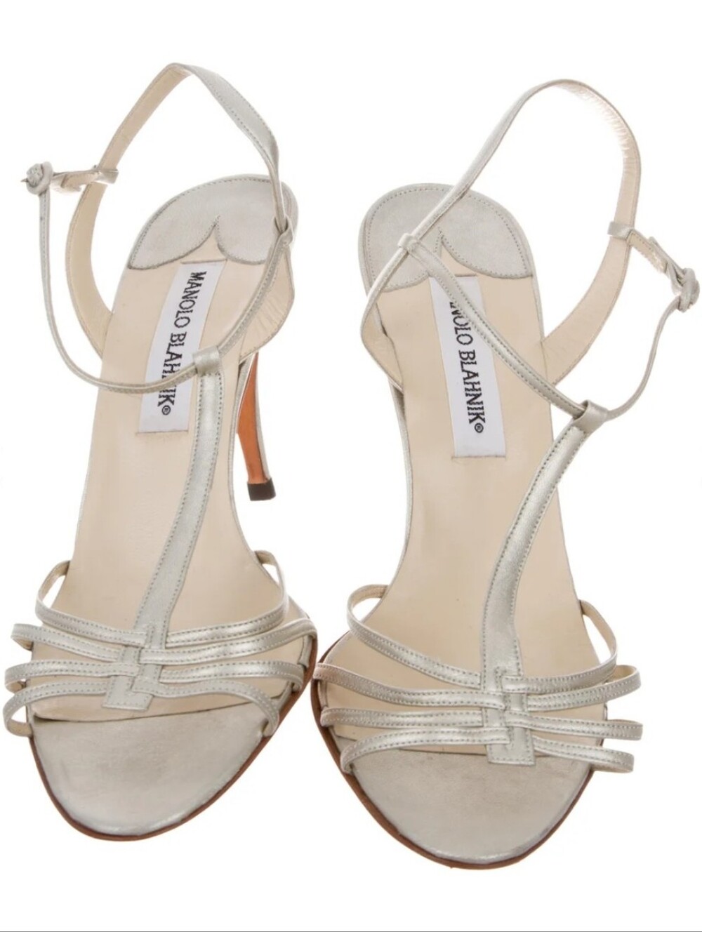 Manolo Blahnik Metallic T-Strap Sandals Size: 9